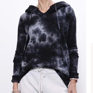 Nili Lotan Janie Tye Dyed Cotton Jersey Pullover Hoodie Black Distressed XS